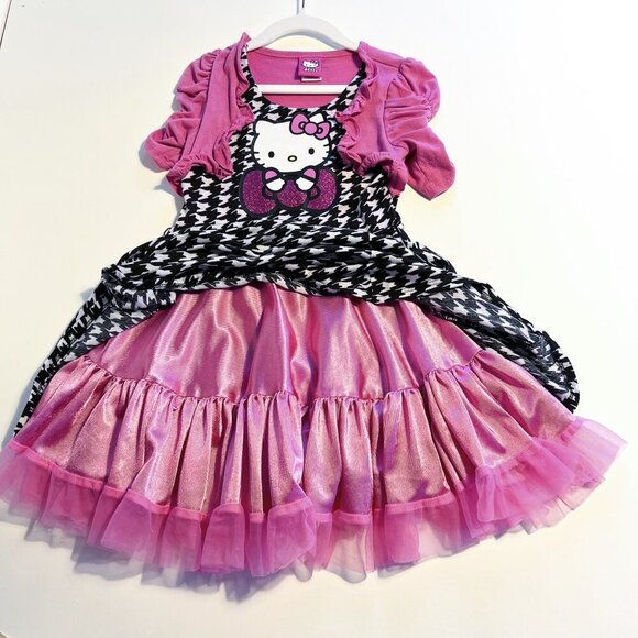 Hello Kitty Carmine Rose Pink Houndstooth Dress w/ Shrug Ruffled Skirt Size 5 - Picture 2 of 9